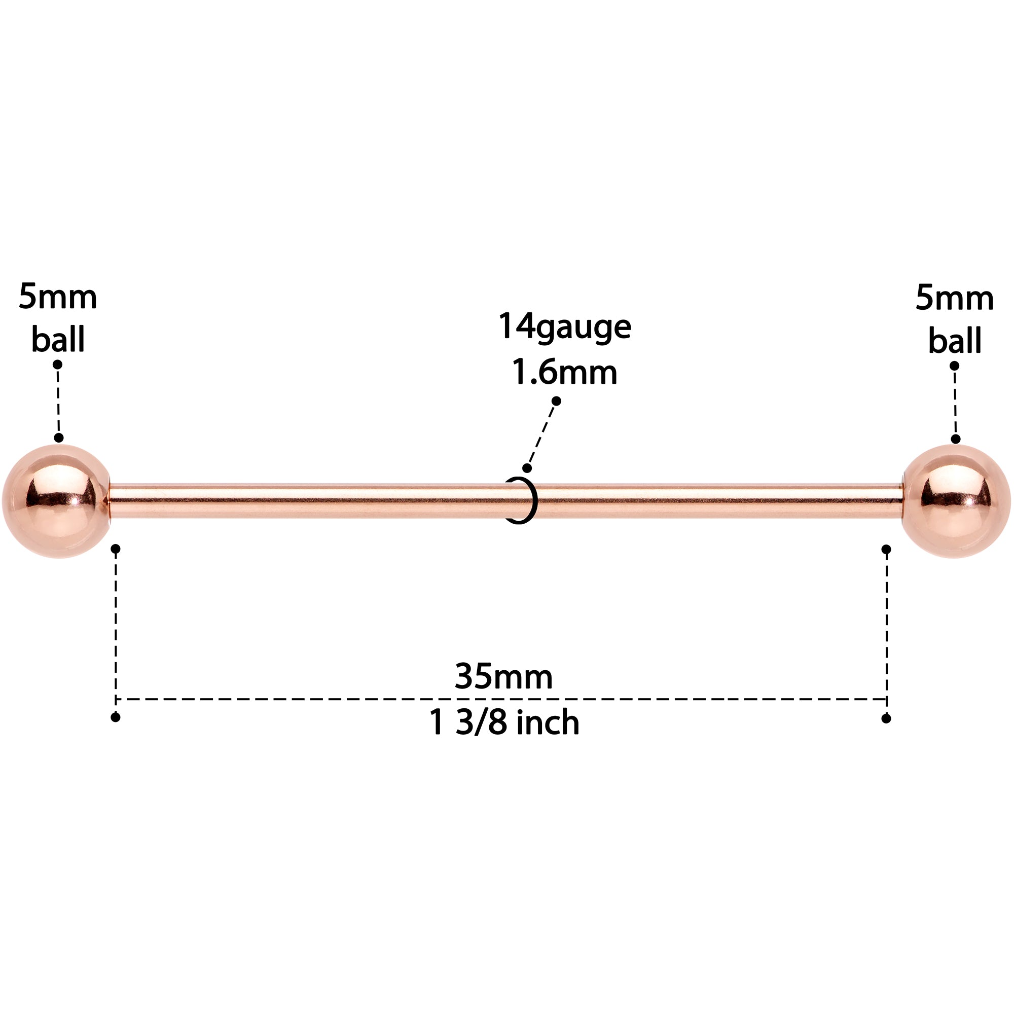 14G 1 3/8 Rose Gold Plated Straight Barbell