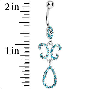 Aqua Gem Crystalline Fleur di Lis Teardrop Double Dangle Belly Ring