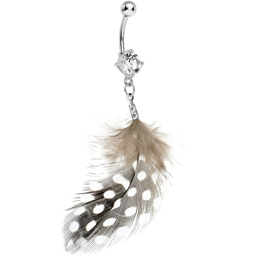 Clear Gem Natural Feather Dangle Belly Ring