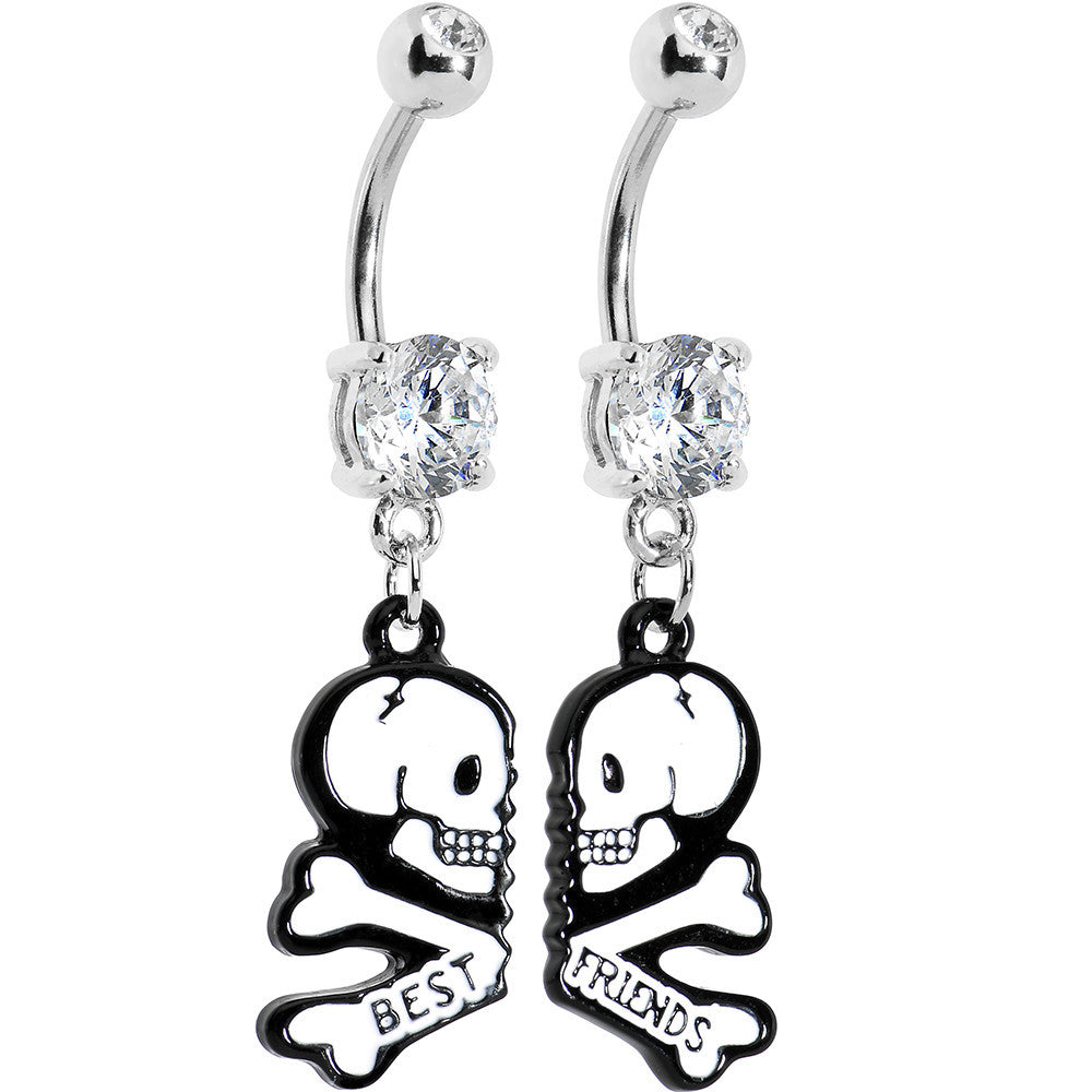 Clear Gem Two White Skulls Best Friends Dangle Belly Ring Set