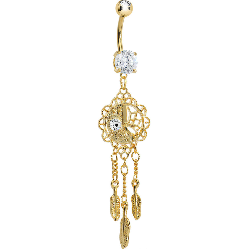 Gold Plated CZ Sun Moon Dreamcatcher Chandelier Belly Ring
