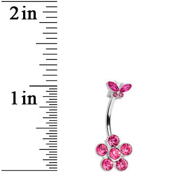Pink Gem Butterfly Flower Double Mount Belly Ring