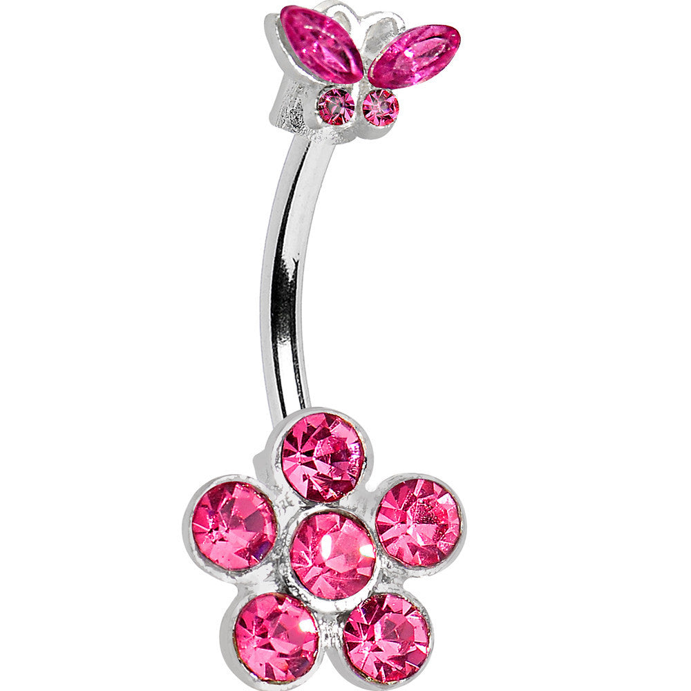 Pink Gem Butterfly Flower Double Mount Belly Ring