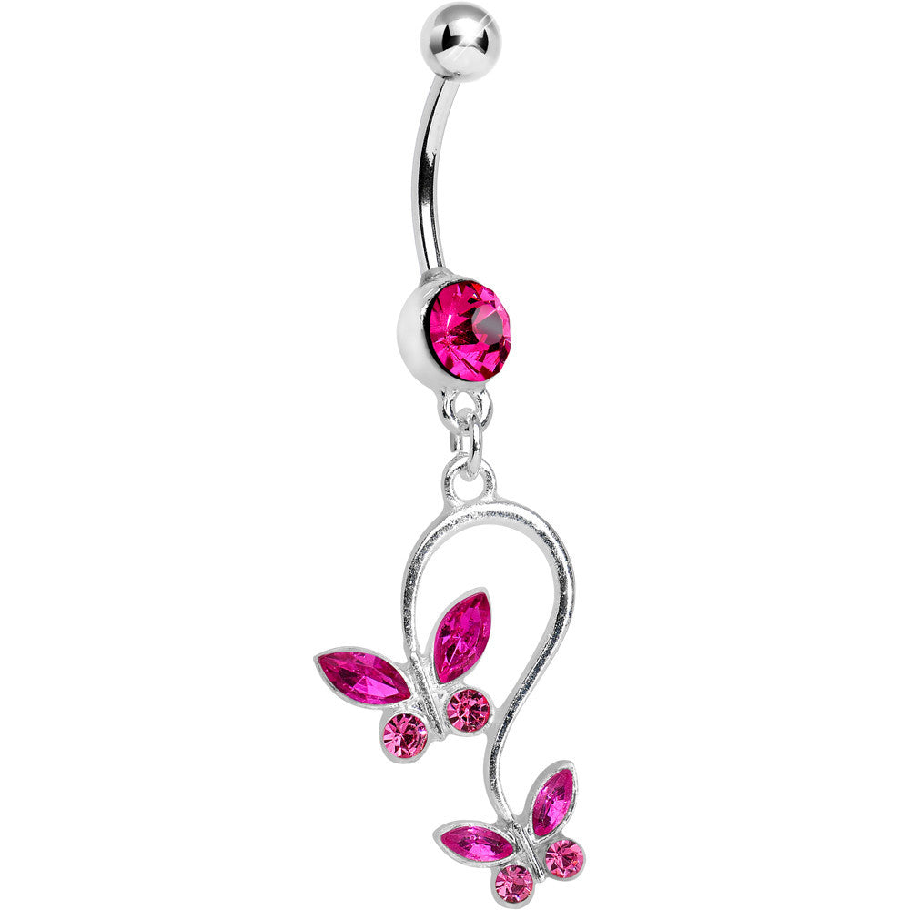 Pink Gem Love Butterfly Dangle Belly Ring