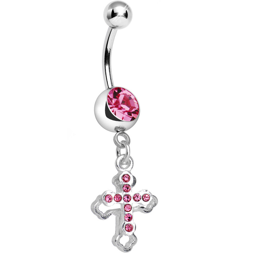 Pink Gem Hollow Cross Charm Double Dangle Belly Ring