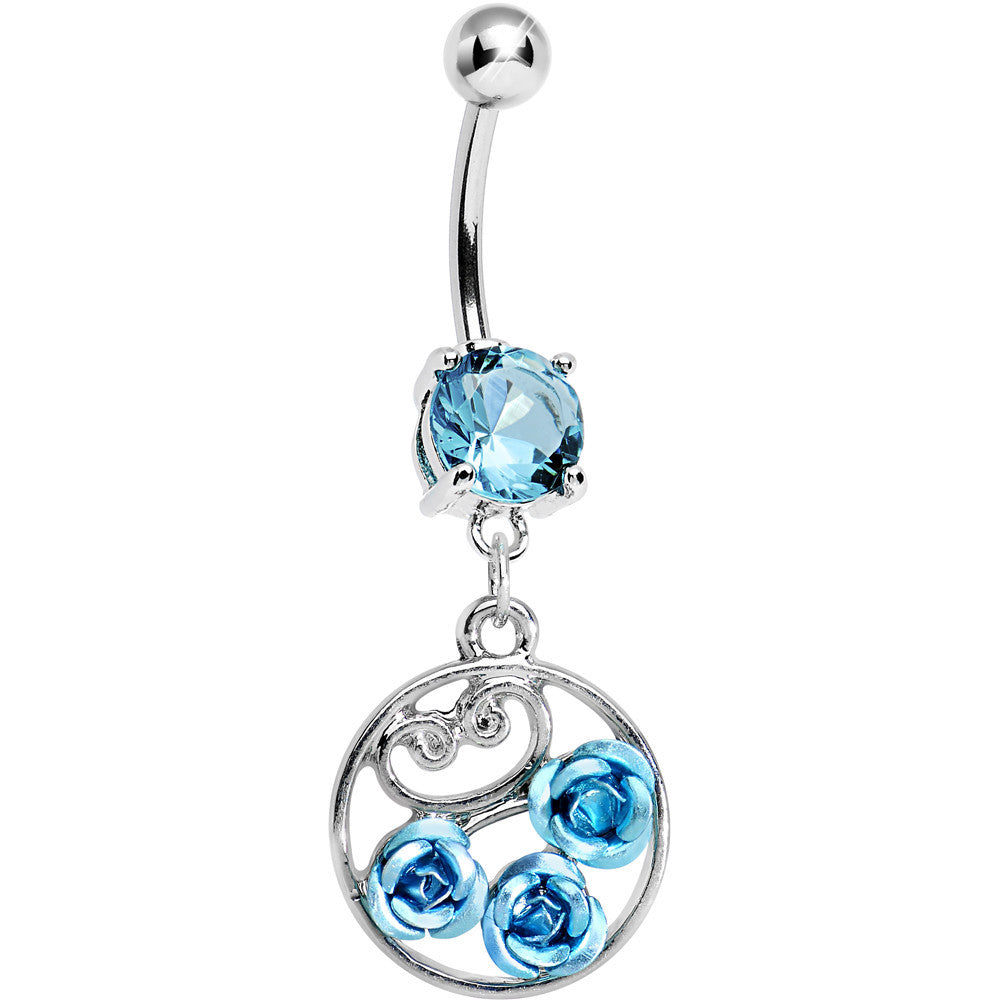 Aqua CZ Triple Rose Flower Hoop Charm Dangle Belly Ring