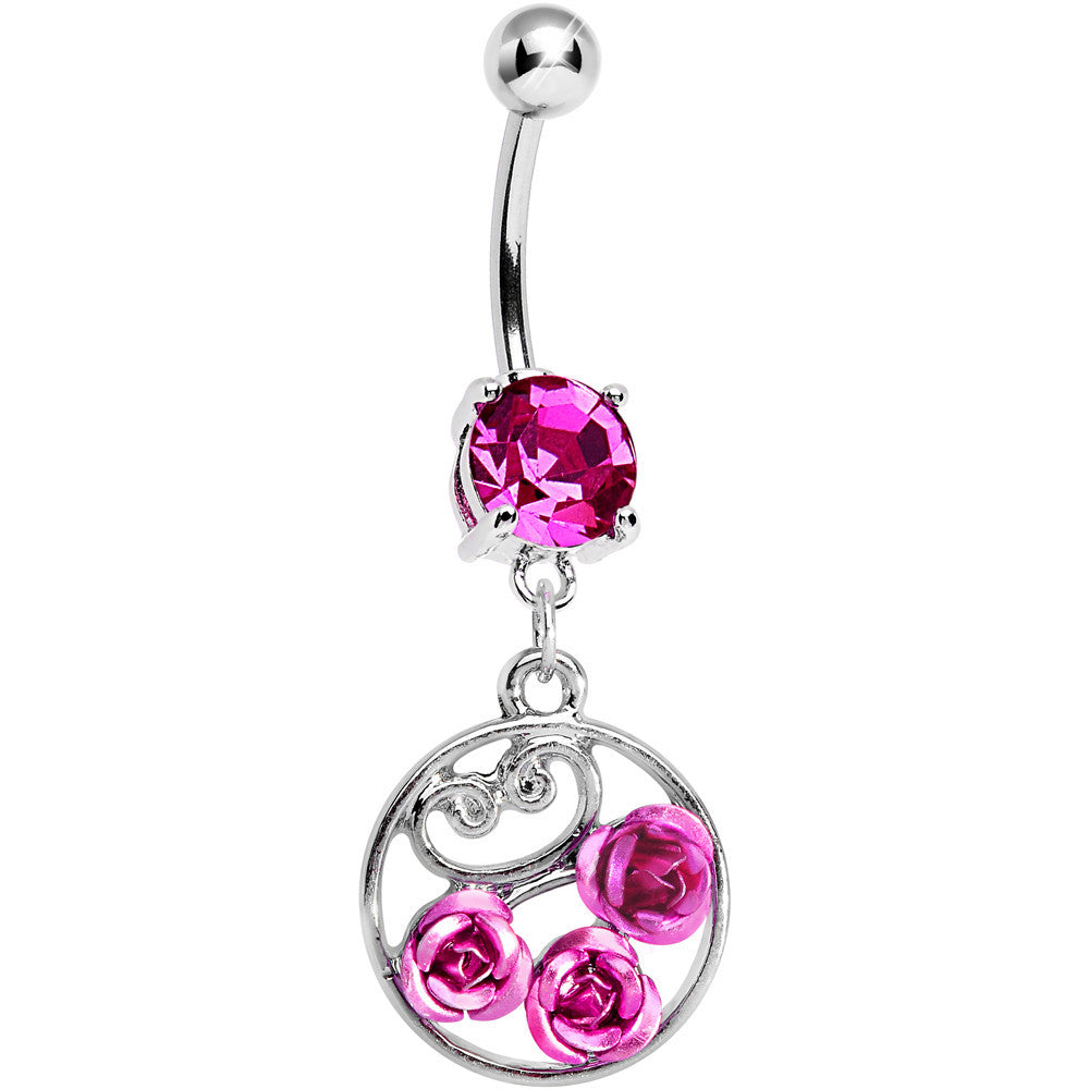 Pink CZ Triple Rose Flower Hoop Charm Dangle Belly Ring