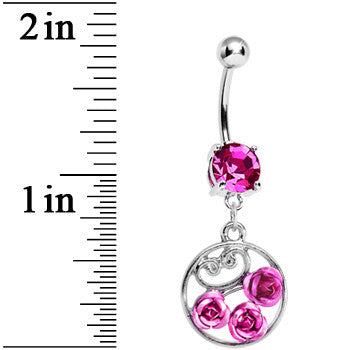 Pink CZ Triple Rose Flower Hoop Charm Dangle Belly Ring