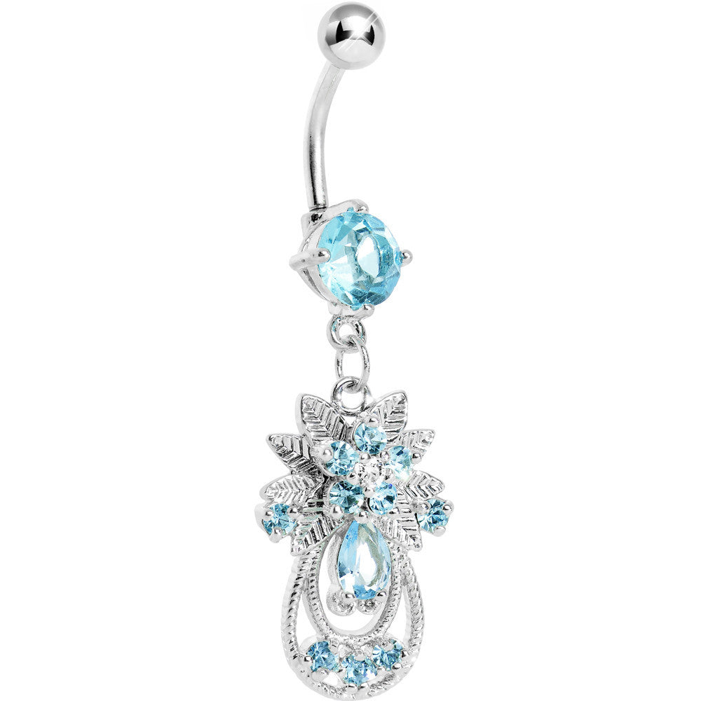 Aqua Gem Leafy Flower Teardrop Dangle Belly Ring