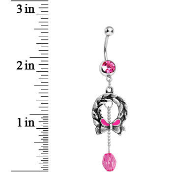 Pink Gem Antique Wreath with Bead Chain Drop Dangle Belly Ring