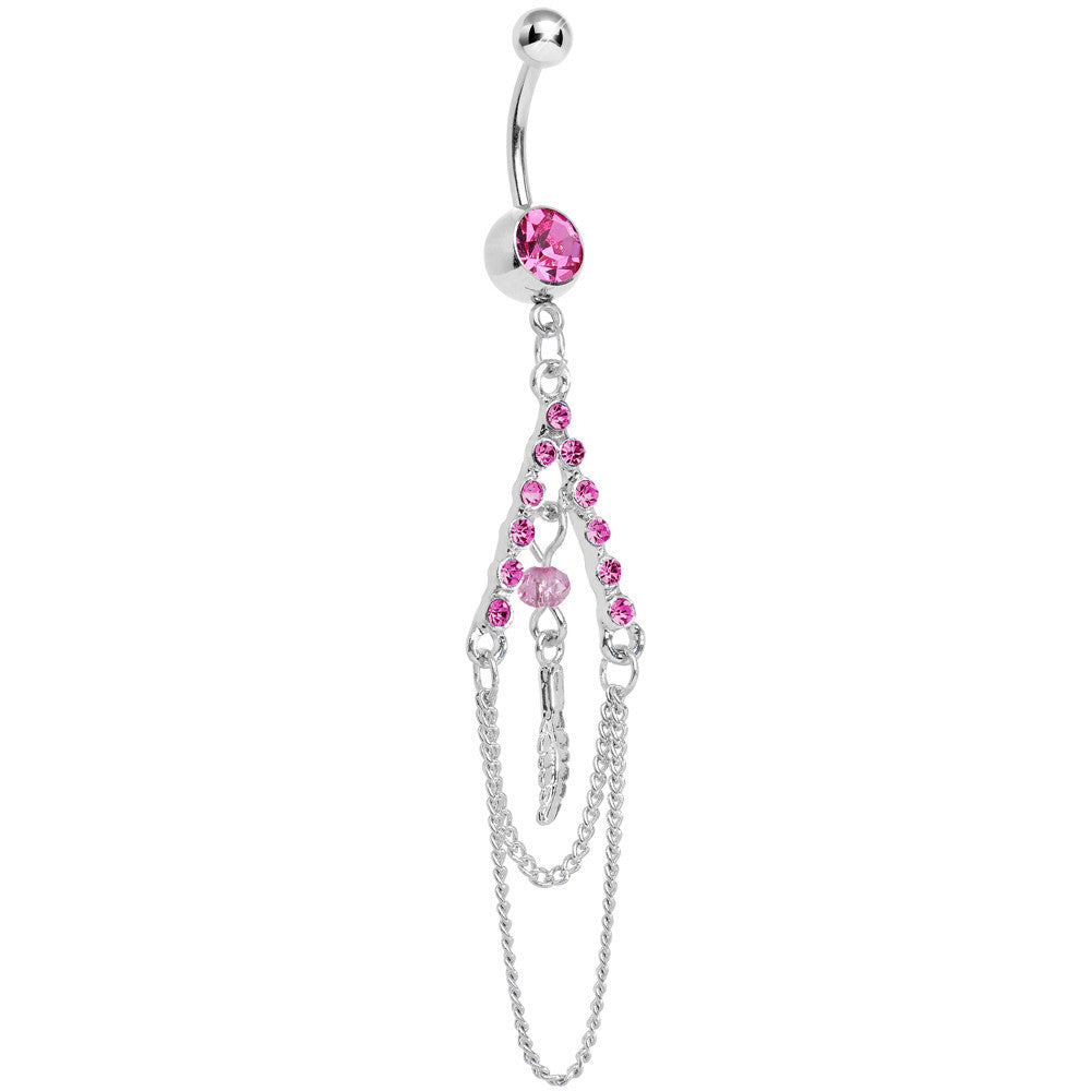 Pink Gem Inverted V Bead and Chains Chandelier Belly Ring