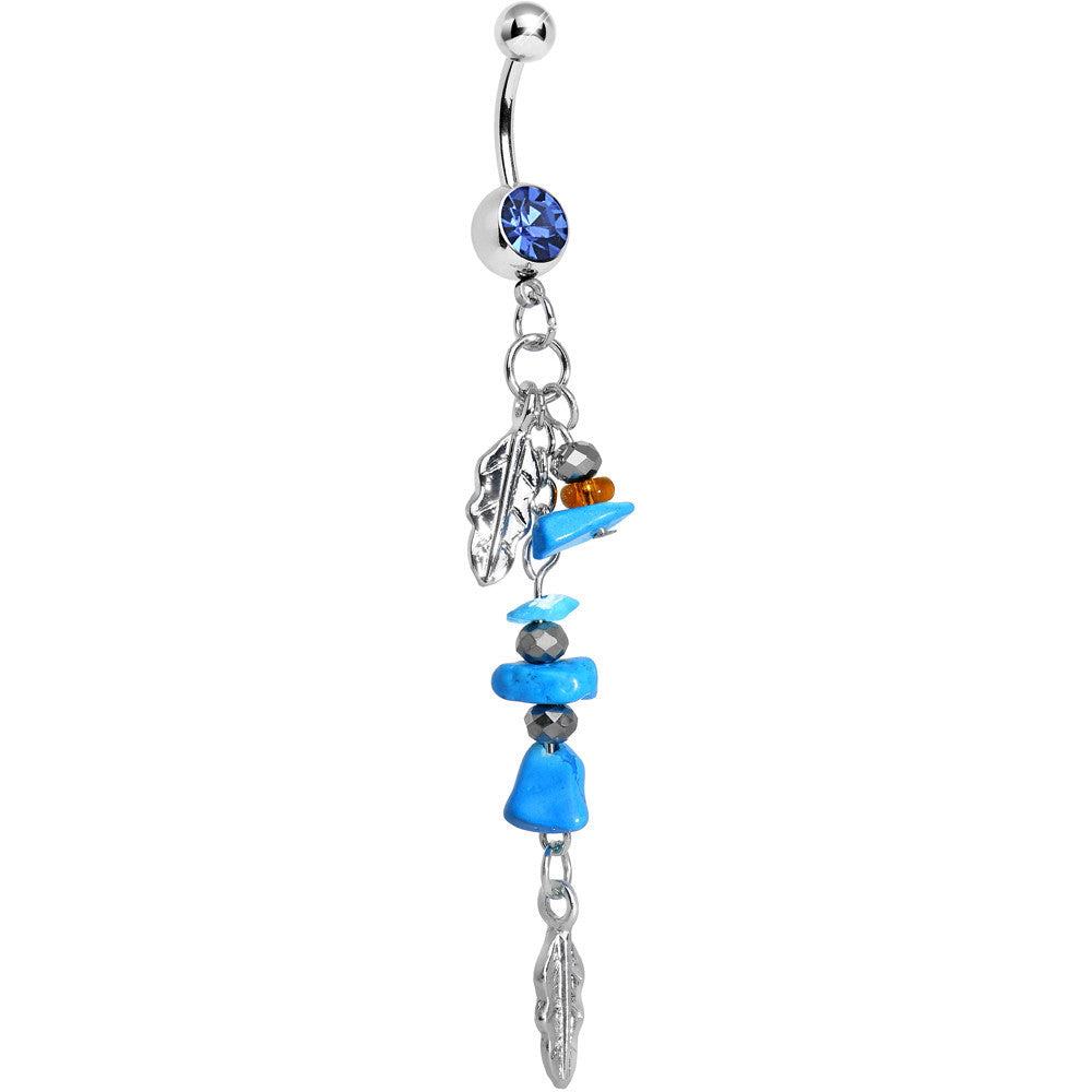 Blue Gem Turquoise Silver Feathers Native American Dangle Belly Ring
