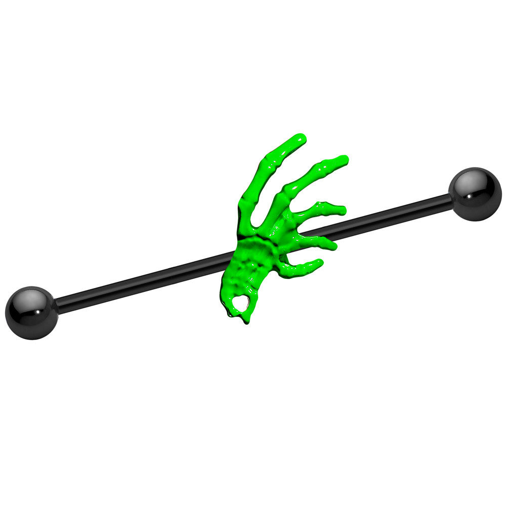 Black Anodized Titanium Creepy Green Skeleton Hand Industrial Barbell