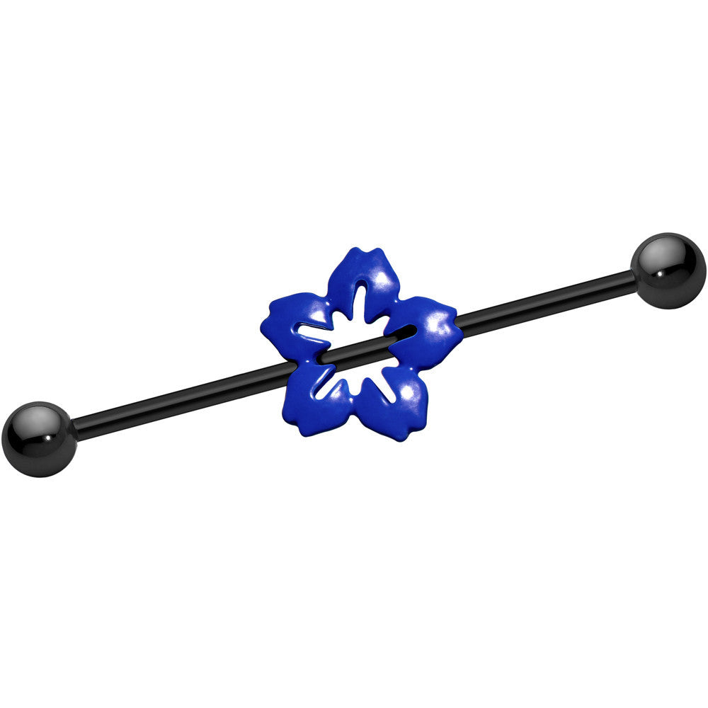 Black Anodized Titanium Blue Hawaiian Flower Industrial Barbell