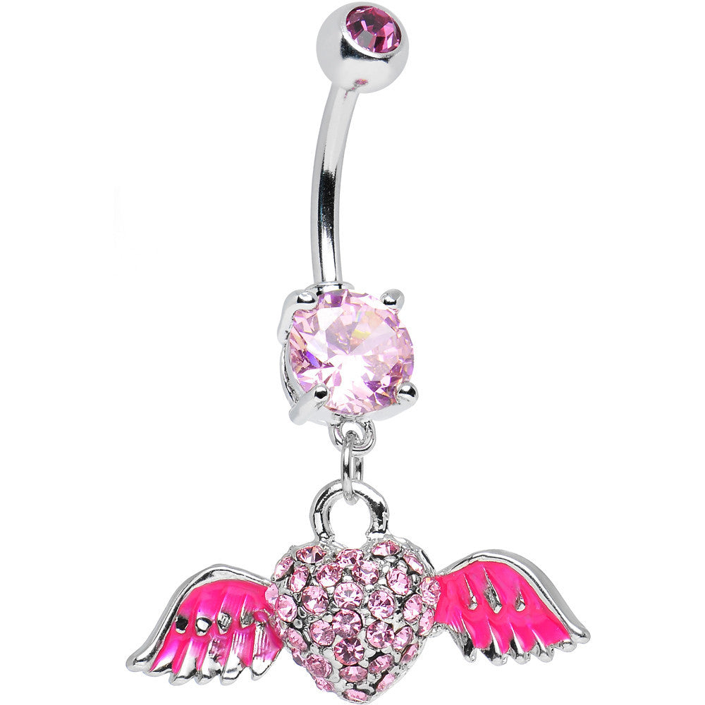 Pink Gem Paved Heart Neon Wings Dangle Belly Ring