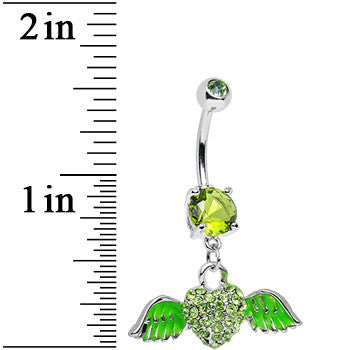 Green Gem Paved Heart Neon Wings Dangle Belly Ring