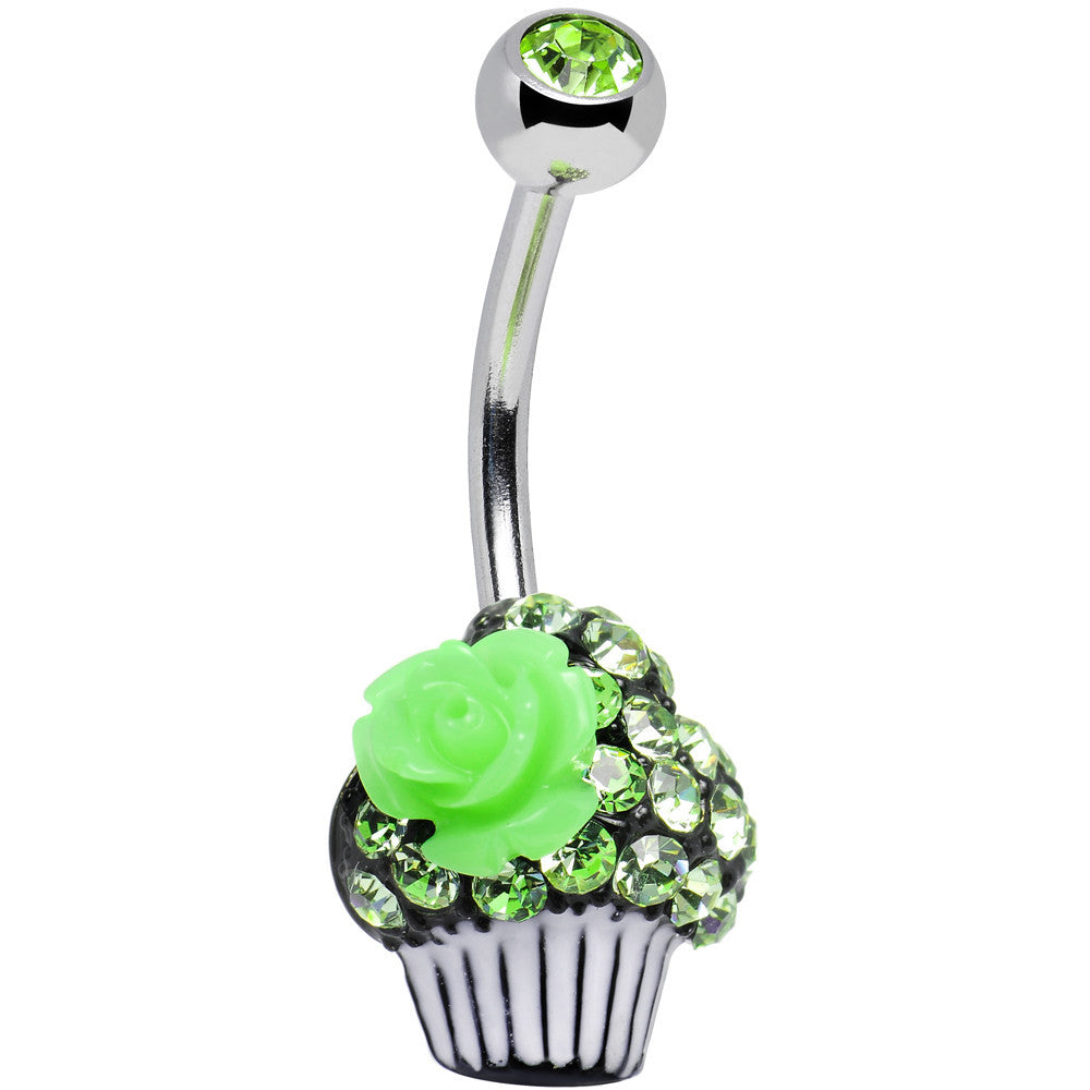Green Gem Paved Rose Flower Topped Cupcake Belly Ring