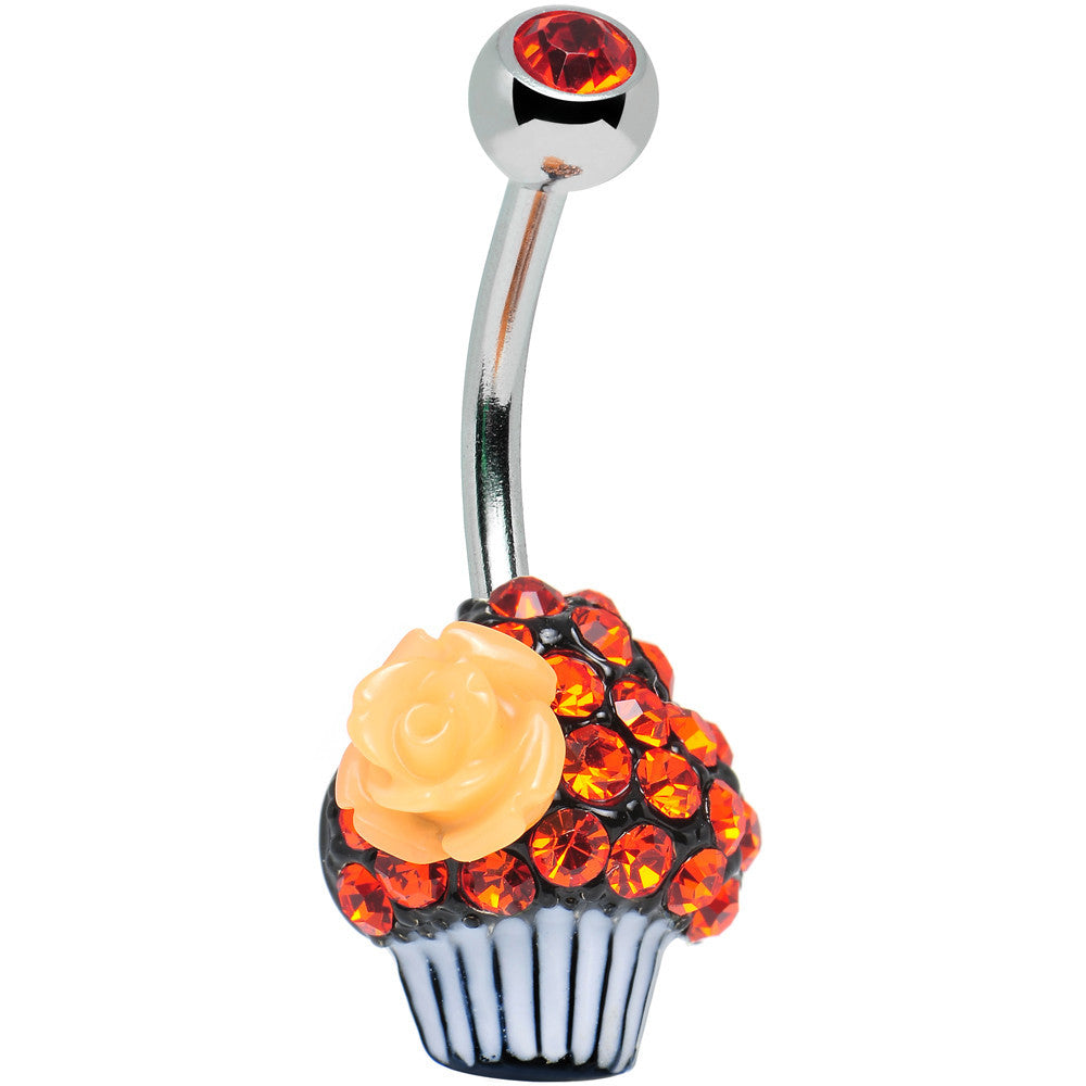 Orange Gem Paved Rose Flower Topped Cupcake Belly Ring
