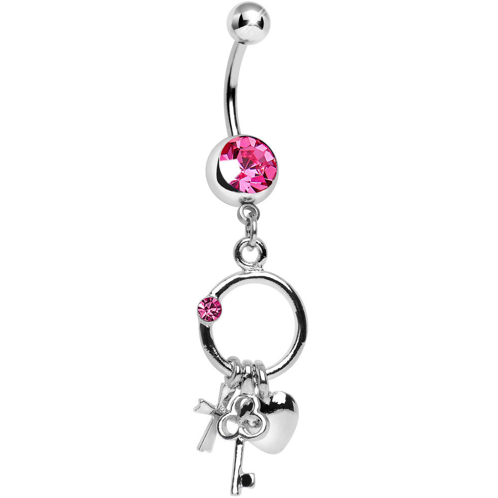 Pink Gem Lucky Charm Ring Dangle Belly Ring