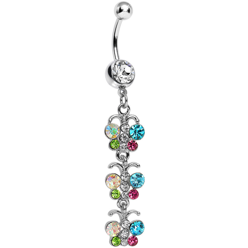 Clear Gem Triple Rainbow Baby Butterfly Dangle Belly Ring