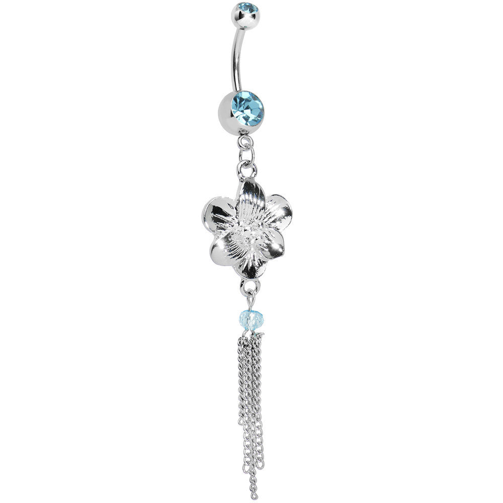 Aqua Gem Precious Petunia Chain Flower Dangle Belly Ring