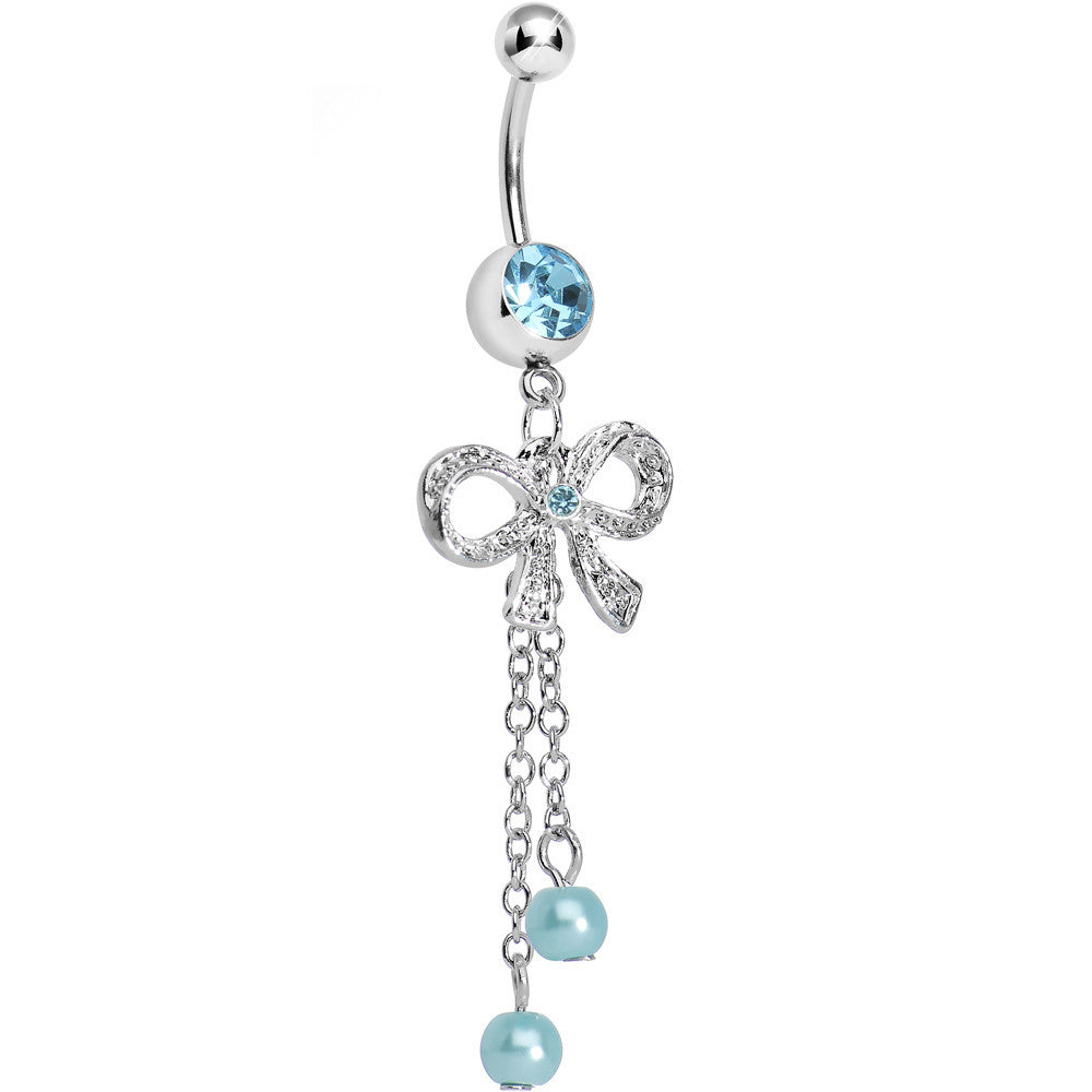 Aqua Gem Knotted Up Chain Bow Dangle Belly Ring