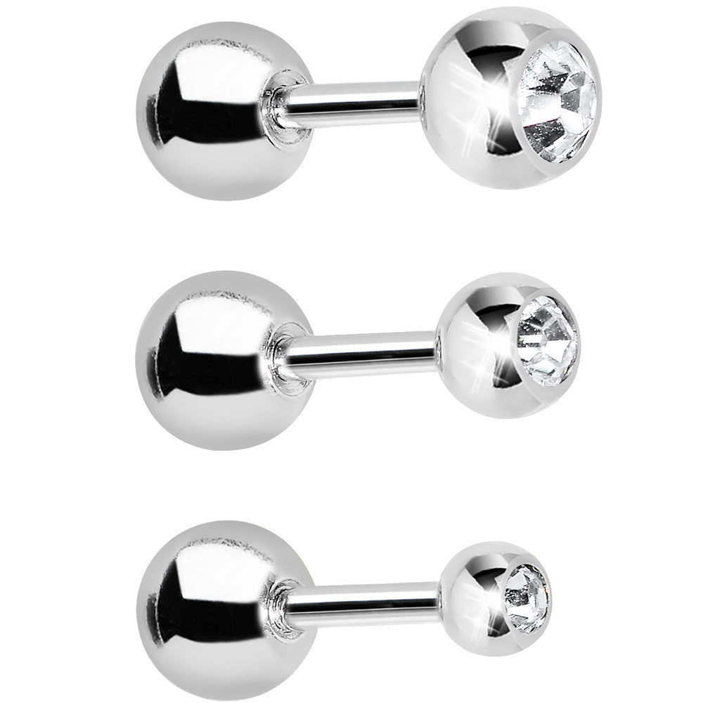 16G 1/4 Clear Gem Cartilage Tragus Barbell Set of 3