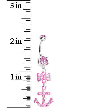 Pink Double Gem Bow Tie Pink Anchor Dangle Belly Ring