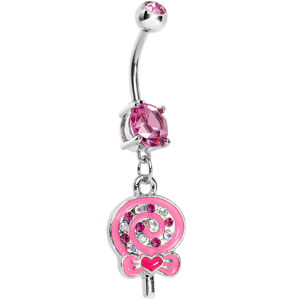 Double Pink Gem Swirling Lollipop Dangle Belly Ring