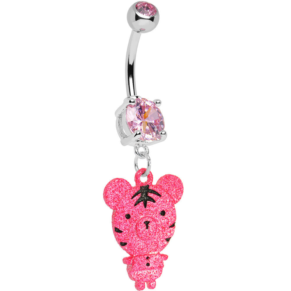 Pink Gem Pink Neon Adorable Baby Tiger Dangle Belly Ring