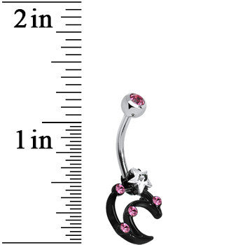 Pink and Clear Gem Star Over Black Moon Belly Ring