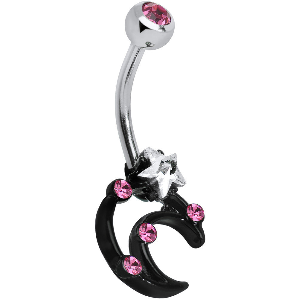 Pink and Clear Gem Star Over Black Moon Belly Ring