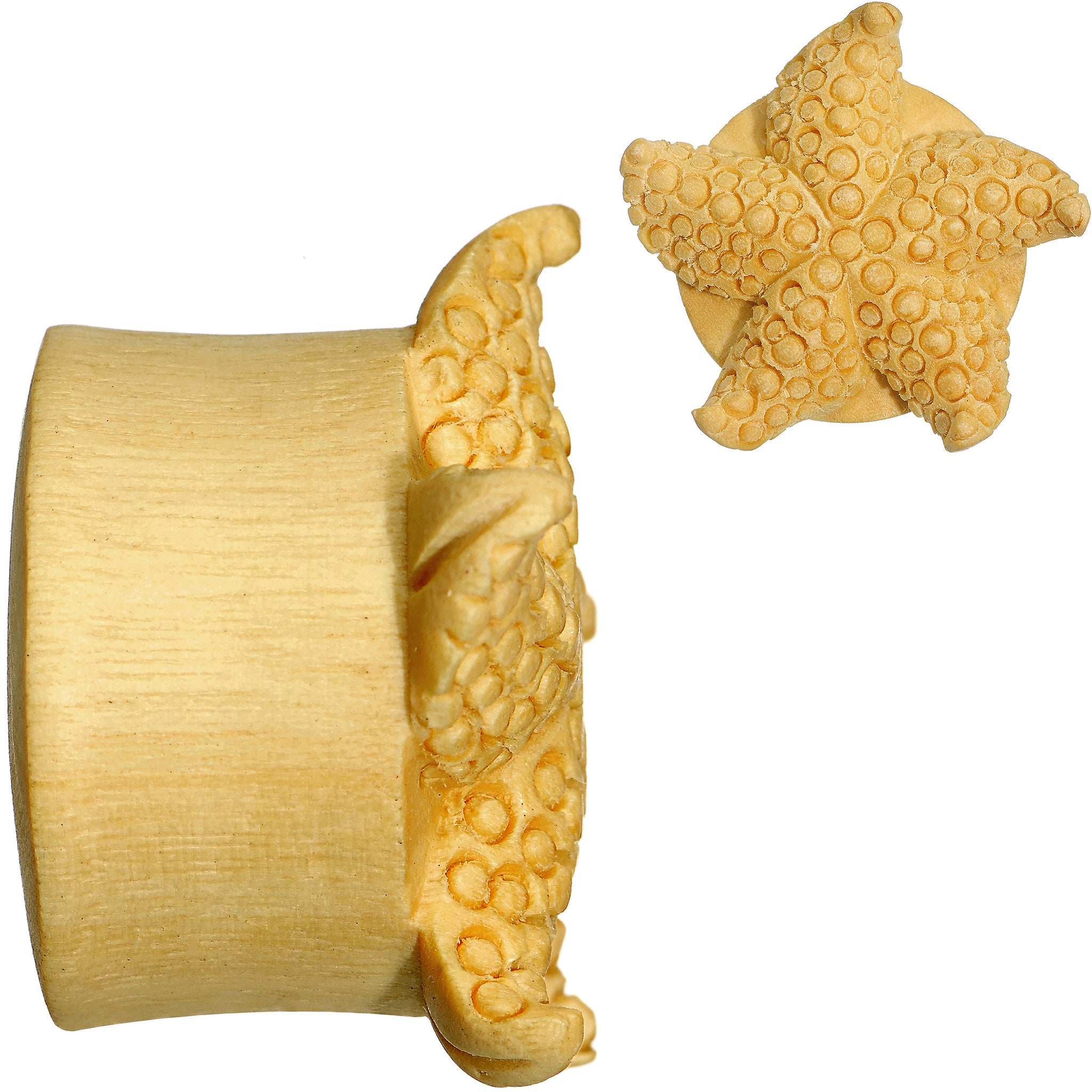 7/8 Organic Crocodile Wood Starfish Treasure Hand Carved Plug Set