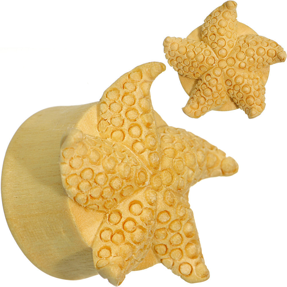 7/8 Organic Crocodile Wood Starfish Treasure Hand Carved Plug Set