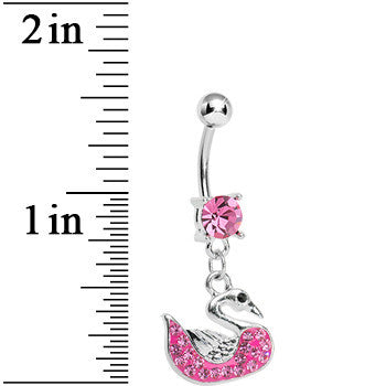 Pink Gem Paved Pink Swan Dangle Belly Ring