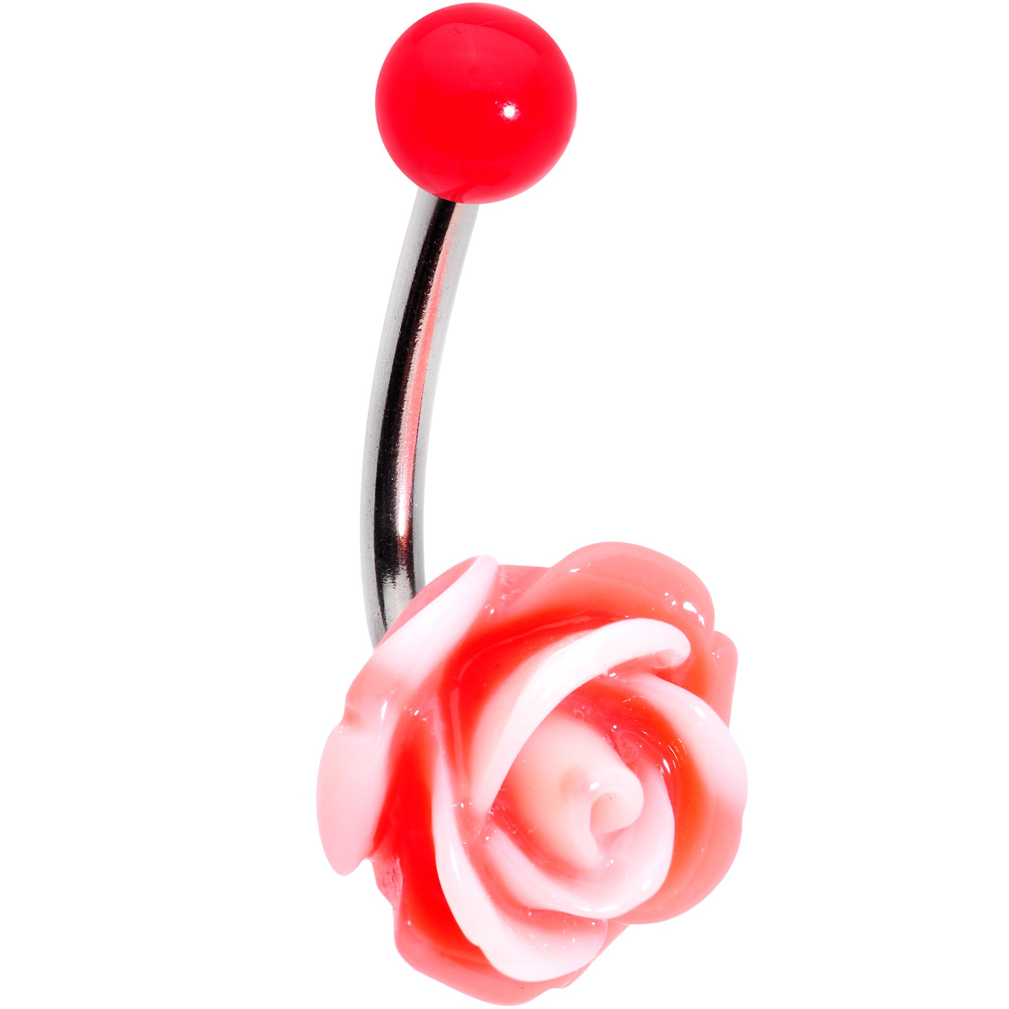 Pink Beautiful Blooming Stone Flower Rose J-Bar Belly Ring