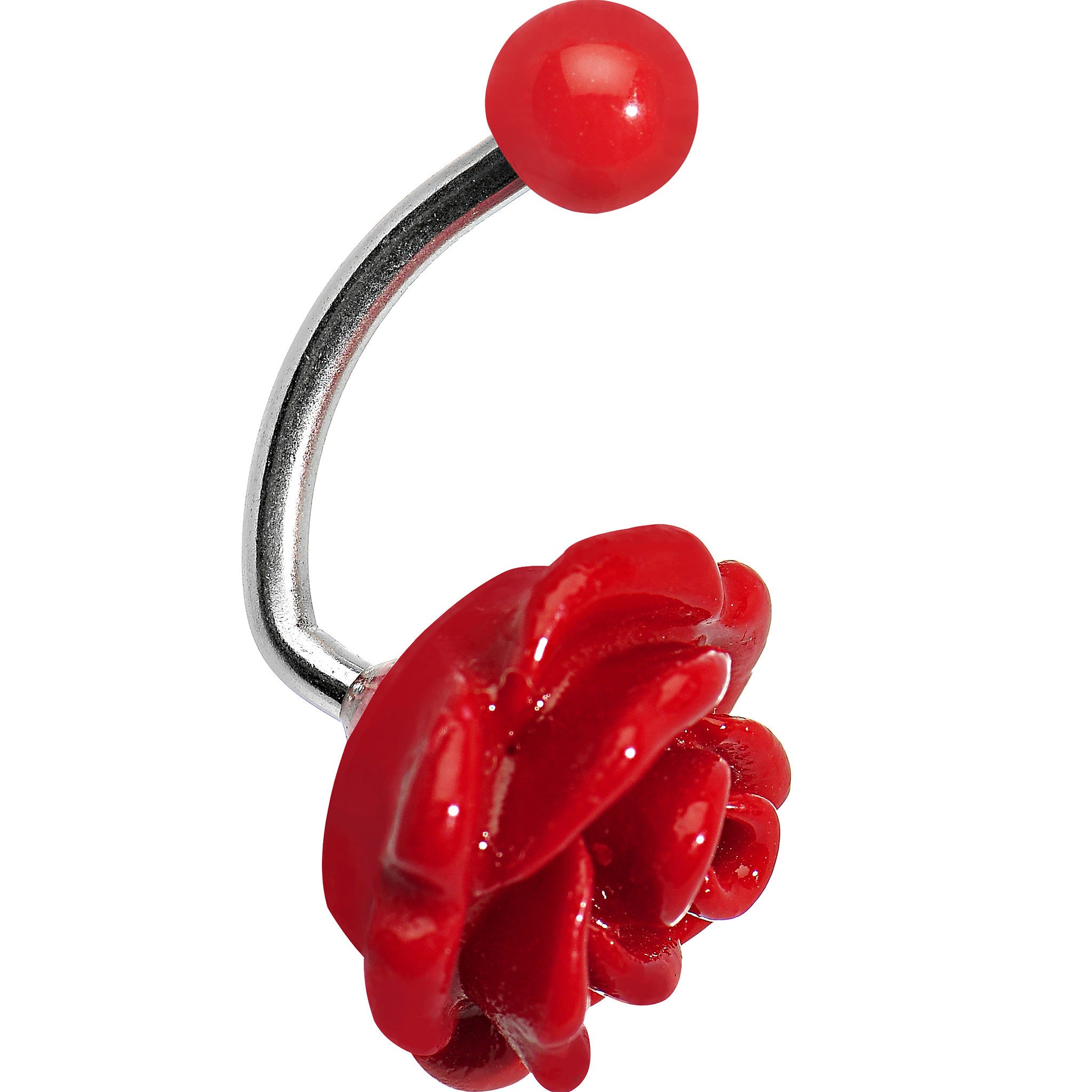 Red Beautiful Blooming Stone Flower Rose J-Bar Belly Ring