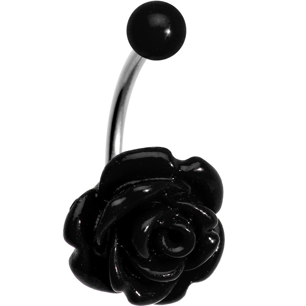 Black Beautiful Blooming Stone Flower Rose J-Bar Belly Ring