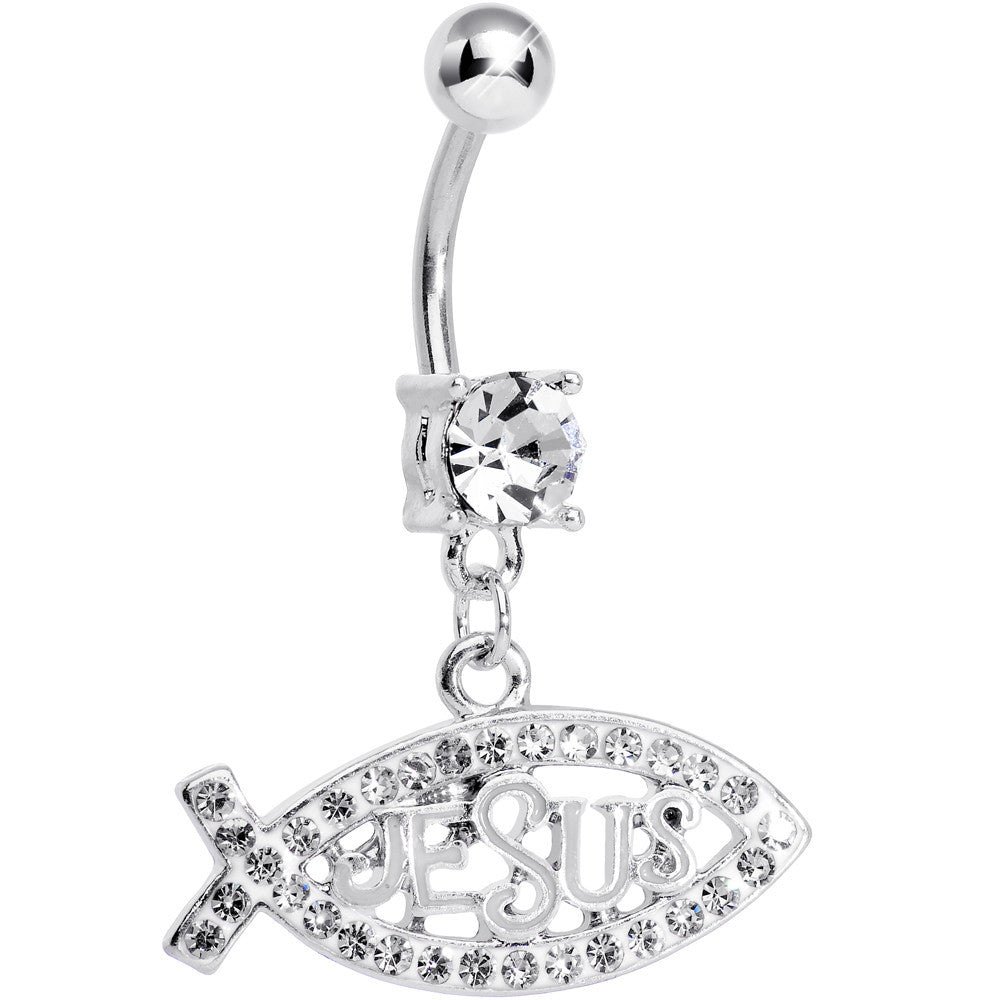 Crystalline Gem Paved Christian Jesus Fish Dangle Belly Ring
