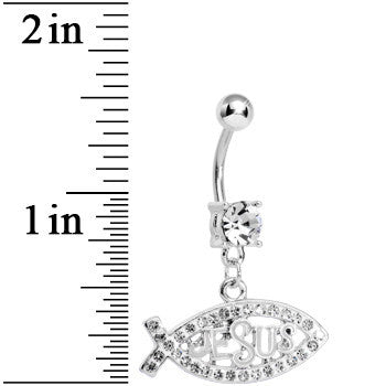 Crystalline Gem Paved Christian Jesus Fish Dangle Belly Ring
