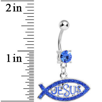 Blue Gem Paved Christian Jesus Fish Dangle Belly Ring