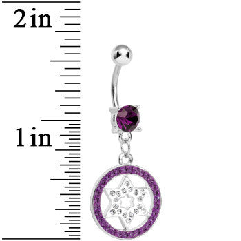 Dark Purple Gem Paved Enclosed Star of David Dangle Belly Ring
