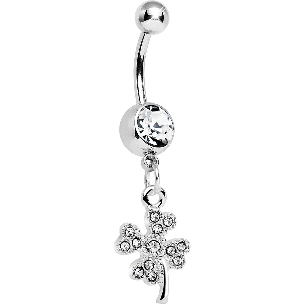 Crystalline Gem Delicate Four Leaf Clover Dangle Belly Ring
