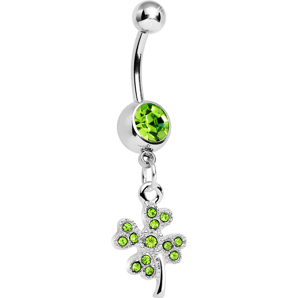 Green Gem Delicate Four Leaf Clover Dangle Belly Ring