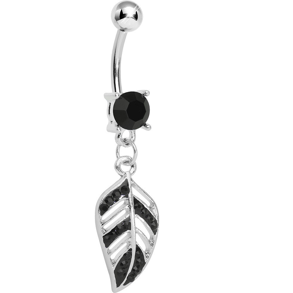 Black Gem Paved Floating Leaf Dangle Belly Ring