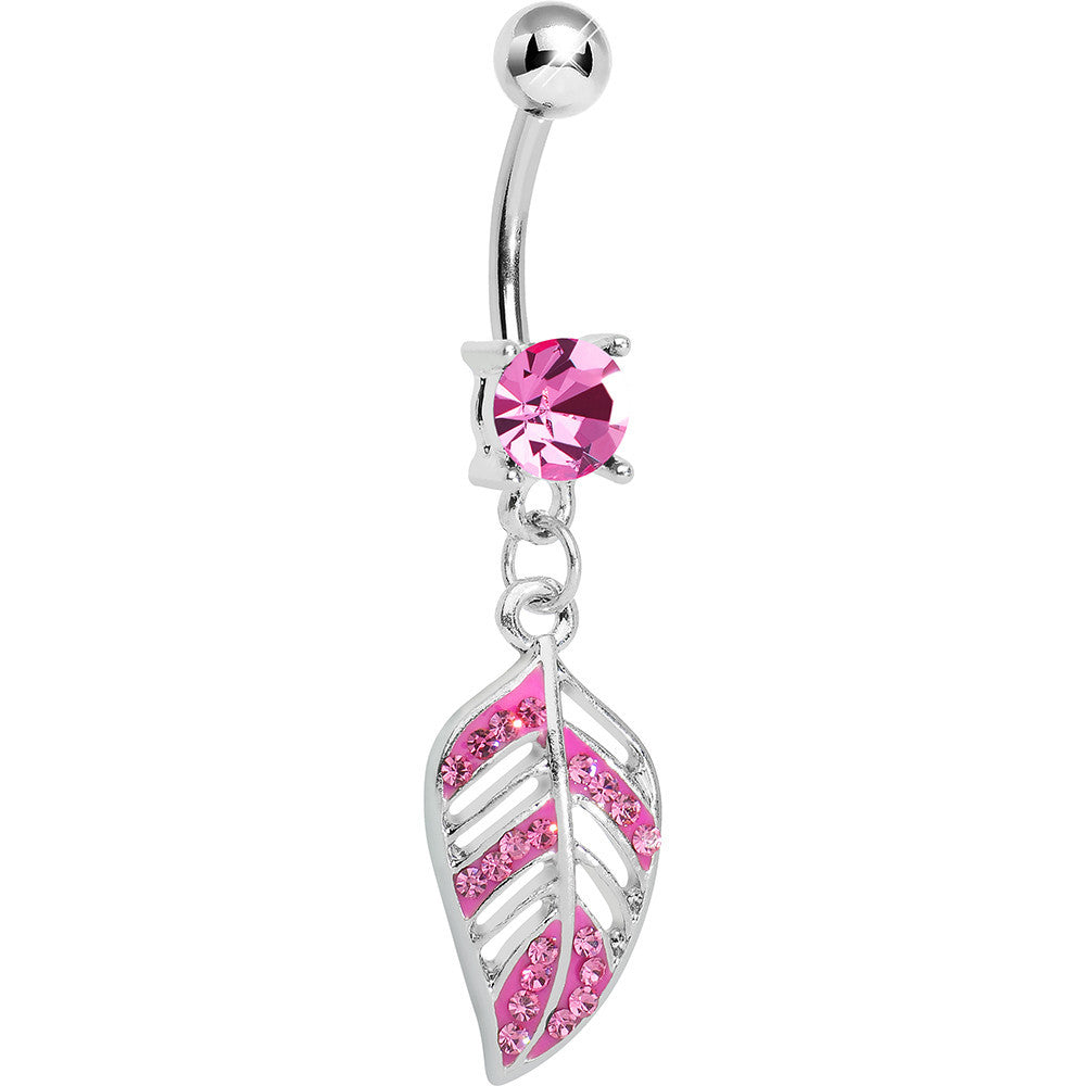 Pink Gem Paved Floating Leaf Dangle Belly Ring