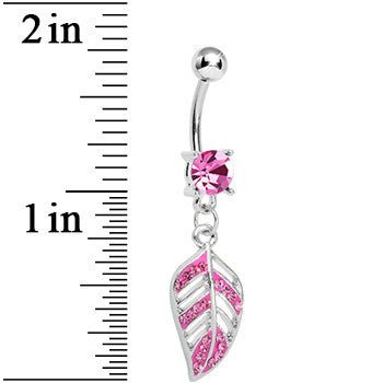 Pink Gem Paved Floating Leaf Dangle Belly Ring