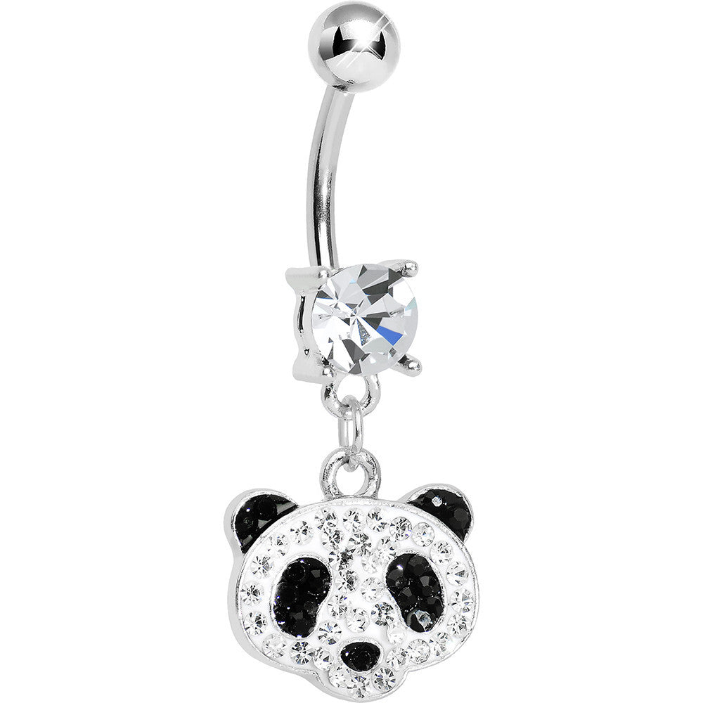 Crystalline Black Gem Paved Sweet Panda Head Dangle Belly Ring