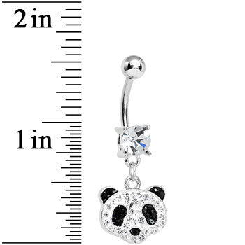 Crystalline Black Gem Paved Sweet Panda Head Dangle Belly Ring