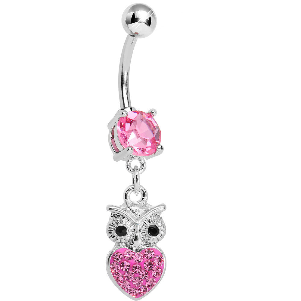 Pink Gem and Paved Heart For the Love of Owls Dangle Belly Ring